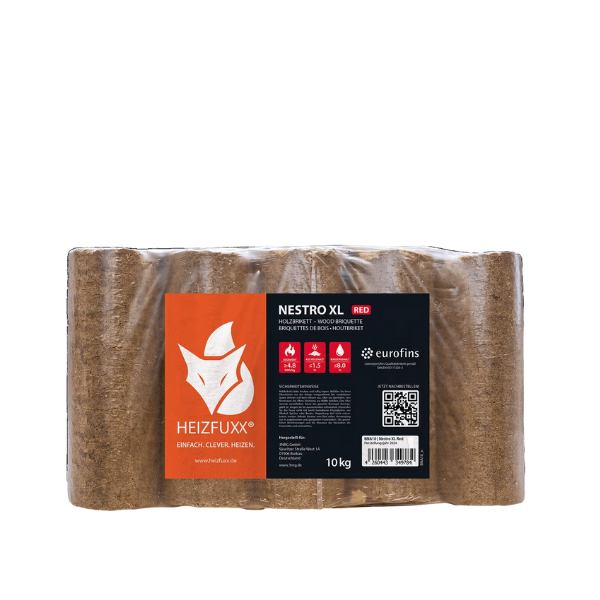 Heizfuxx Nestro XL Rot Hartholzbriketts – 960 kg Palette (96 × 10 kg)
